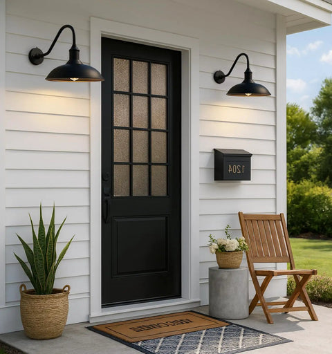 Small Gooseneck Barn Light Outdoor Wall Sconce With Industrial Vintage Charm for Front Door Porch, shown in metal with LED bulbs.