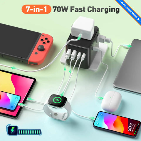 Your Go To 70W Travel Power Adapter Universal Worldwide Plug With Type A And C charging multiple devices