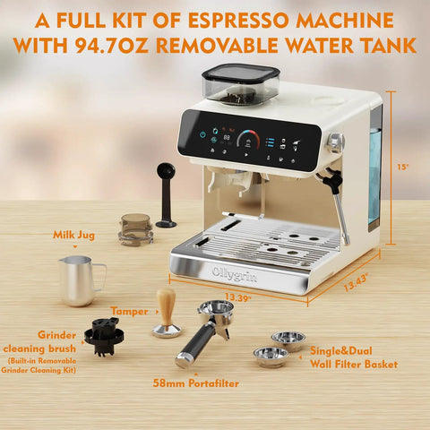 20 Bar Espresso Machine With Built In Grinder, 19 Grind Settings And Conical Burrs, Pressure Gauge, Large 94.7 Oz Water Tank for home