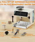 Semi Automatic Espresso Machine With Self Cleaning Conical Burr Grinder And 19 Ground Settings 20 Bar Pressure Built In Milk Frother System Removable Water Tank and accessories on a wooden countertop.