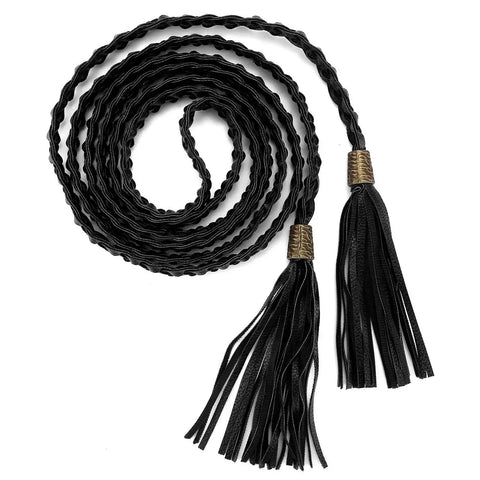 Braided Tassel Rope Belt For Women In PU Leather, Adjustable Tie Belt In Black And Brown, Long Elastic Belt With Tassels, 2-pack