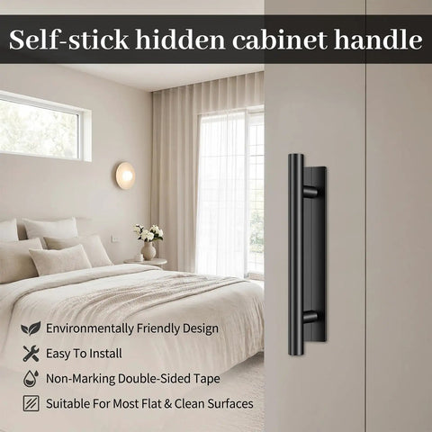 Self-stick hidden cabinet handle black measuring 5.9 x 1.37 inches, ideal for flat surfaces, part of 40 Pack Peel And Stick Cabinet Handles With Double Sided Tape No Sweat Install Abs Plastic Push Pull Helper For Kitchen Sliding Doors Furniture Upgrade Game Changer.