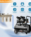 Half Inch NPT Top-Notch Pro Grade Four Stage Air Dryer System with Auto Drain Water Separator shown with compressor