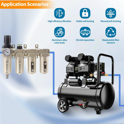 Half Inch NPT Top-Notch Pro Grade Four Stage Air Dryer System with Auto Drain Water Separator shown with compressor