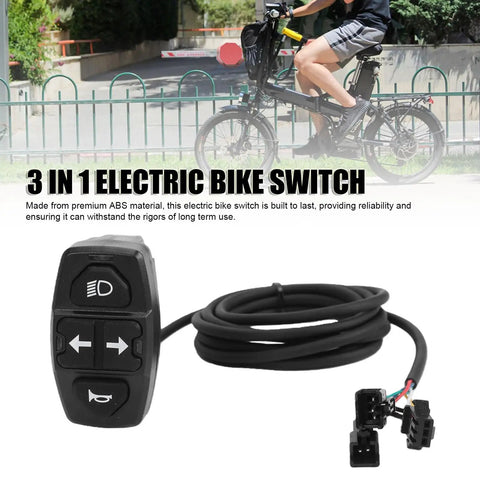 3 In 1 Electric Bike Handlebar Switch For E Bikes And Scooters Waterproof ABS Multi Function Headlight Horn And Left Right Turn Signal Control For Easy Night Rides, shown with coiled cable and connectors