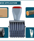 Top Shelf Eight Digit Roller Stamp With Changeable Number Wheels and Multi Function Rubber Design, showcasing versatility for packaging and inventory.