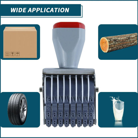 Top Shelf Eight Digit Roller Stamp With Changeable Number Wheels and Multi Function Rubber Design, showcasing versatility for packaging and inventory.