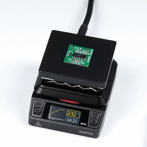 MHP50 Compact Soldering Preheater Hot Plate With Separable Controller displaying 232°C, holding a small PCB on its 50x50mm heating area.