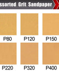 Assorted grit sandpaper displaying P80, P120, P150, P220, P320, P400 for 50 Piece 1/4 Sheet Sandpaper Set Pro Grade Grit 80 120 150 220 320 400 For Wood Metal Automotive Palm Sander And Hand Sanding Projects 4.5 Inch By 5.5 Inch Sheets