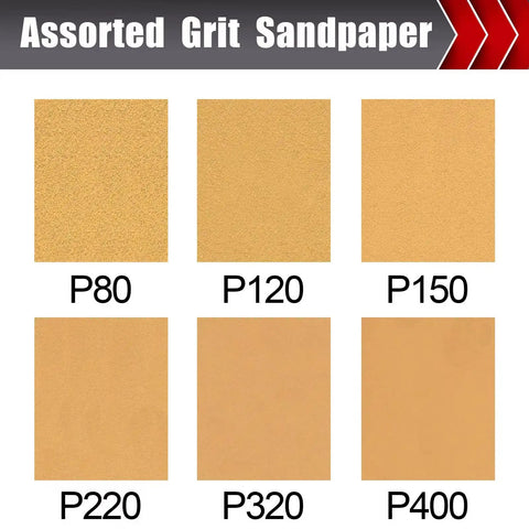 Assorted grit sandpaper displaying P80, P120, P150, P220, P320, P400 for 50 Piece 1/4 Sheet Sandpaper Set Pro Grade Grit 80 120 150 220 320 400 For Wood Metal Automotive Palm Sander And Hand Sanding Projects 4.5 Inch By 5.5 Inch Sheets