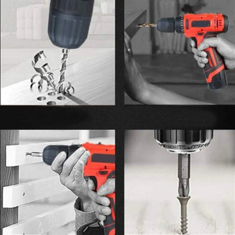 Cordless Electric Drill With Rechargeable Lithium Battery And 75 Piece Toolbox Set featuring multiple angles of use, applying drill for various applications.