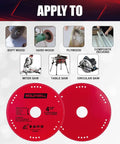 Red 4.5-inch diamond cutting wheels for angle grinders, showcasing applicability to wood and multiple saw types. WesleyDrill branding visible.
