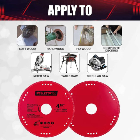 Red 4.5-inch diamond cutting wheels for angle grinders, showcasing applicability to wood and multiple saw types. WesleyDrill branding visible.