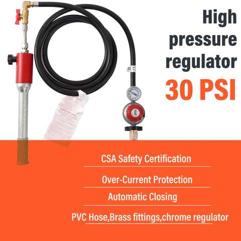 High pressure regulator with PVC hose and brass fittings, part of Portable Propane Forge For Blacksmithing And Knife Making kit.