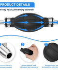 Detailed view of Three Eighths Inch Boat Primer Bulb For Outboard Motors Universal Carburetor Compatible Fuel Line Hand Prime Pump, showing rubber and aluminum design, directional arrow, and hand squeeze use.