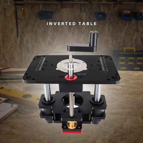 Heavy Duty Router Lift System for 69mm Diameter Trimmers featuring rugged aluminum and smooth stainless steel guides.