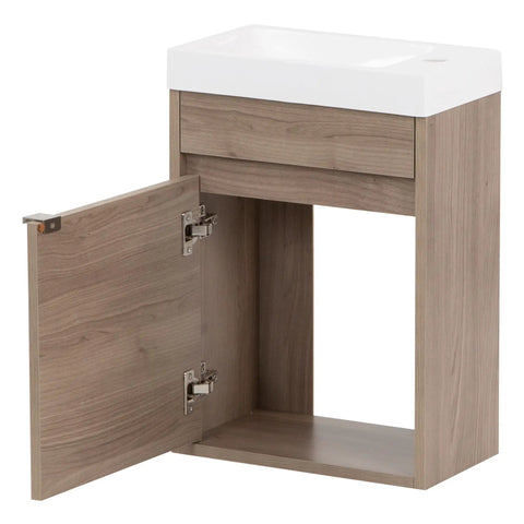Kambree 15.75 Inch Floating Bathroom Vanity with White Sink Top, One Door Cabinet in Forest Elm Finish, Open Under Sink Storage