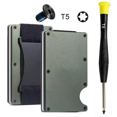Never Sweat A Rattling Wallet Again Grab These Anti Loosening Ridge Wallet Screws And T5 Torx Driver 14 Piece M2x3mm Metal Kit, featuring T5 driver and wallet.