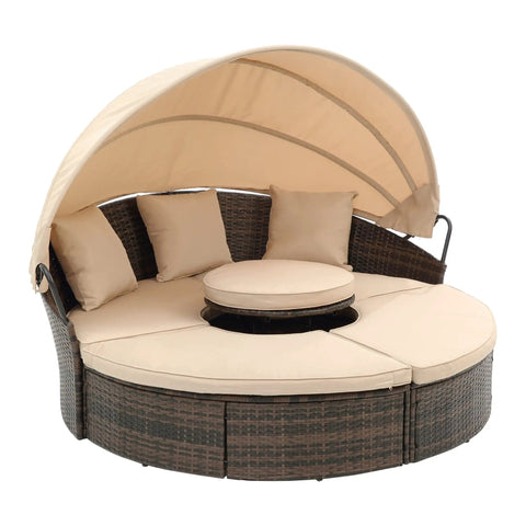 Retractable Outdoor Patio Round Wicker Rattan Daybed With Lift Table And Washable Cushions For Sun Drenched Lounge Sofa That Hits Different On Your Backyard Oasis
