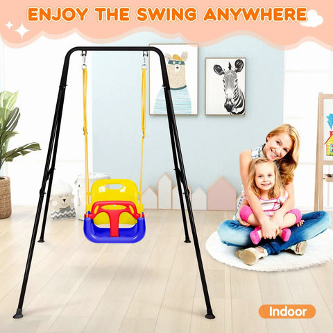Heavy Duty Foldable Baby Swing Stand, A Frame Metal Swing Stand For Backyard And Indoor Outdoor Use, kid sitting nearby