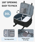 Open Underseat Travel Backpack for Men 30L Carry On with USB Port showing interior pockets, airline approved for Spirit Airlines.