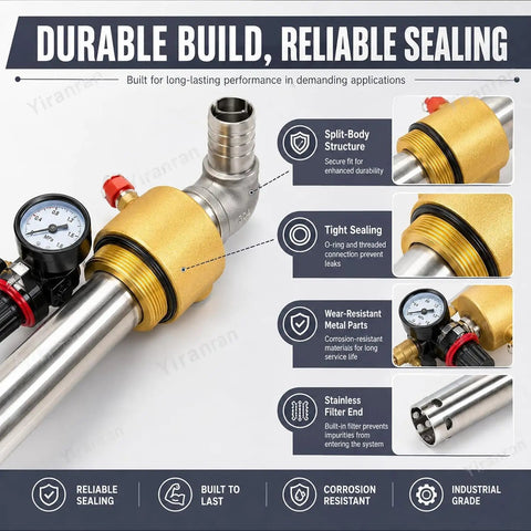 Pneumatic Drum Pump For Quick Oil Transfer Stainless Steel 304 Construction With High Flow 130 Liters Per Minute Pressure Gauge And Safety Valve SUS304 Tubing Air Operated Drum Transfer Pump For Easy Drums close-up of sealing and filter end