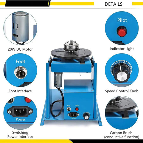 Kickass 10kg Rotary Welding Positioner Turntable With Adjustable 0 To 90 Degree Angle showing 20W motor, speed control knob, and power interface.