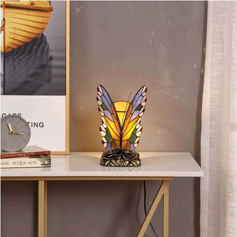 Butterfly Tiffany Style Stained Glass Accent Table Lamp Night Light for Bedroom and Living Room with Inline Switch on table