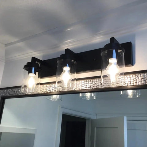 3 Light Dope Vintage Industrial Vanity Lights Over Mirror In Black Finish With Clear Glass Shades Modern Wall Sconce