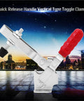 Heavy Duty Vertical Toggle Clamp Bulletproof Quick Release Lever Knockout Grip For Metalworking Shops 500 Pound Holding Capacity Tight Linkage Lock with red handle.