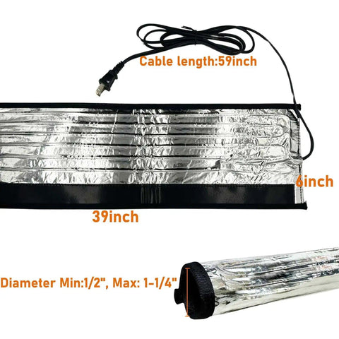 Heavy Duty Water Pipe Heat Blanket 38.5 By 6 Inches For Freeze Protection, 120V Thermostat With Max 140F shown unrolled with cable.