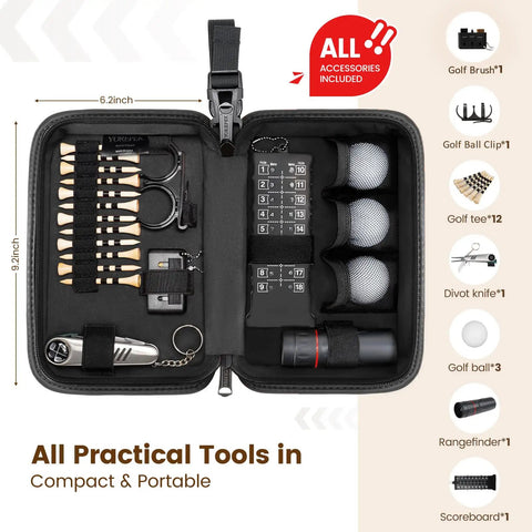 All In One Golf Accessories Kit For Men With Leather Case Including 3 Golf Balls, 12 Tees, Multifunctional Divot Knife, Monocular