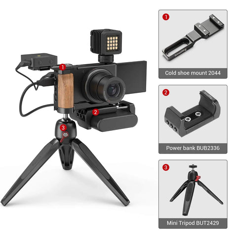 L-Shape Bracket Wooden Grip With Cold Shoe For Sony ZV1 Digital Camera on mini tripod with accessories