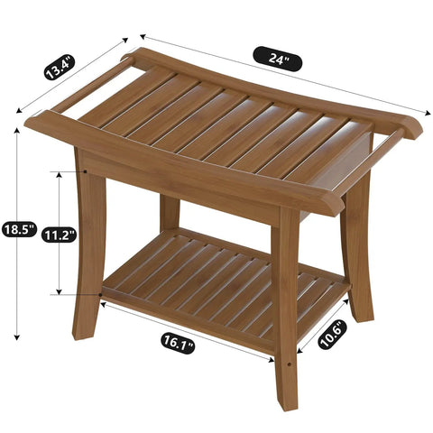 Space Saving Bamboo Shower Stool With Built In Storage Shelf For Bathroom, Waterproof Spa Chair For All Ages, Unisex Bath Bench In Walnut Finish