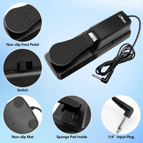 Universal Sustain Pedal For Keyboard And Digital Piano With Polarity Switch Anti Slip Design For Stable Footing And Smooth Expression Works With Any Keyboard And Plug And Play Accessory For Pianists And Keyboard Players, shown with non-slip foot pedal, polarity switch, and 1/4 inch input plug.
