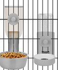 Heavy Duty Gravity Pet Feeder And Automatic Water Dispenser Set That Anchors Firmly To Cage Bars Blocks Spills And Keeps Kibble Dry in gray, showing kibble and water bowls.