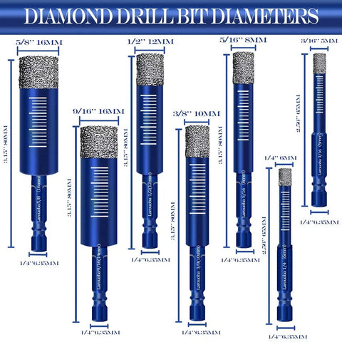 8 Piece Diamond Drill Bit Set For Tile And Stone, Hex Shank Masonry Bits For Porcelain Ceramic Marble Granite, Blue, Sizes Labeled