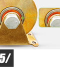Close-up of V Shaped Groove Track With Sliding Gate Roller And Beefy Heavy Duty Rigid Caster Set, detailed wheel view.