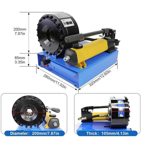 Handheld Hydraulic Hose Crimping Machine With 7 Die Sets And Real Time Pressure Gauge, 200mm diameter, robust build for high pressure pipe work.