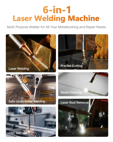 Image featuring 700W 6-In-1 Fiber Laser Welder For Welding And Cutting, Rust Removal, Underwater Welding, CNC Retrofit And More With Auto Wire Feeder And Helmet, Boss Level Heavy-Duty Laser System in use for welding, cutting, and more.