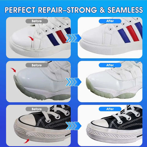 Before and after shoe repair with Heavy Duty Shoe Glue 35g Waterproof Fast Drying Adhesive For Sole Repair On Sneakers.
