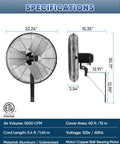 Specifications sheet for 20 Inch Industrial Oscillating Wall Mount Fan, 5500 CFM, black finish, aluminum/galvanized material.