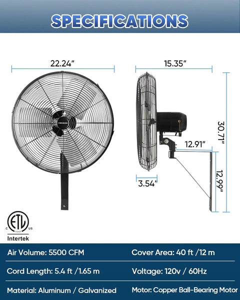 Specifications sheet for 20 Inch Industrial Oscillating Wall Mount Fan, 5500 CFM, black finish, aluminum/galvanized material.