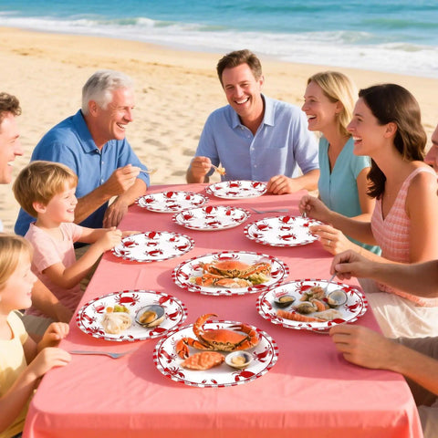 Heavy Duty Crab Boil Paper Plates, 9 Inch Disposable Party Platter Set used at beach feast with seafood and gathering.