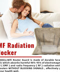 Smart High Protection WiFi Router Cover Shield For EMF Radiation, Versatile Guard For Home And Office Use, 14 By 15.5 Inch Protective Enclosure That Reduces Exposure, Keeps Router Accessible, Cooled, And Durable shown in living room with couple.