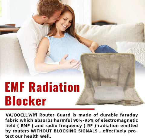 Smart High Protection WiFi Router Cover Shield For EMF Radiation, Versatile Guard For Home And Office Use, 14 By 15.5 Inch Protective Enclosure That Reduces Exposure, Keeps Router Accessible, Cooled, And Durable shown in living room with couple.