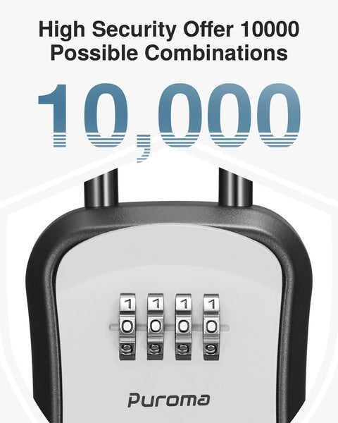 Close-up of 4-Digit Resettable Key Lock Box dial showing 1111 with text highlighting 10,000 combinations for security