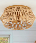 Natural Rattan Flush Mount Ceiling Light Fixture In Antique Brass Brush Finish With Two Lights, Bamboo Shade