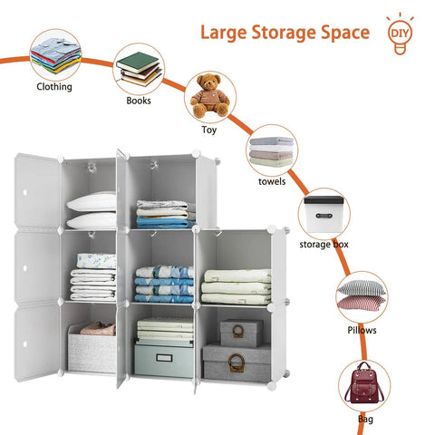 Eight Cube Closet Organizer With Doors Portable Plastic Cubby Shelving for Clothes and Shoes or Kicks, White Wardrobe System holding towels and storage boxes.