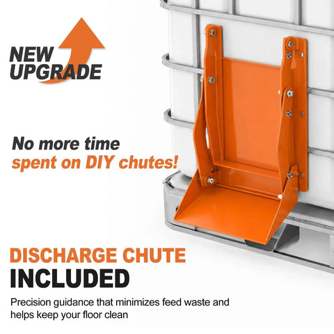 Solid Gear Sliding Grain Gate With Heavy Duty Discharge Chute For IBC Tote 9x9 showing orange discharge chute mounted on a tote.